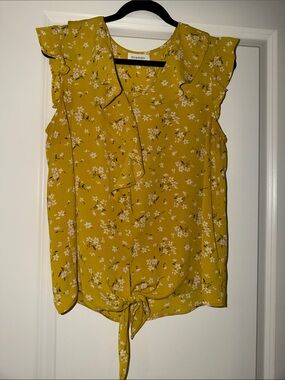 Monteau Mustard Floral Ruffle Tie-Front Blouse